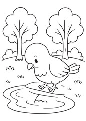 Coloring book pigeon looks at its reflection in a small puddle in a field with trees.
