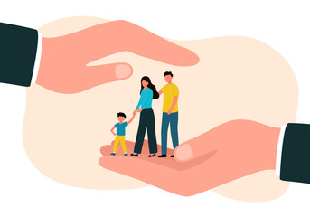 Family safety, life insurance or protection concept, lovely family, parent with son in helping hand palm annd other hand cover above for shelter and protection.