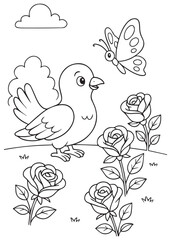 Coloring book pigeon observes a butterfly fluttering among roses in a cheerful garden scene.