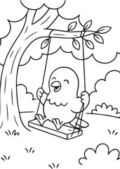 Coloring book pigeon joyfully swinging from a tree branch in a garden scene.