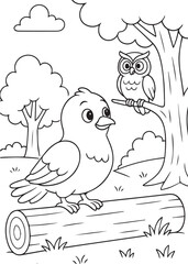 Coloring book pigeon standing on a log with an owl perched on a tree branch in a forest. 