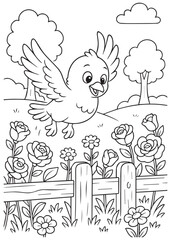 Coloring book pigeon with spread wings flying over a fence in a garden with roses. 