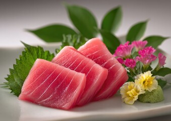 Three glistening, ruby-red tuna slices artfully arranged on a white plate, garnished with vibrant green leaves and colorful blossoms, a small dollop of wasabi adds a final touch