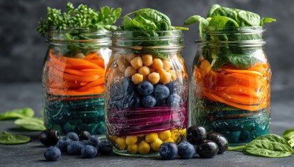 Three mason jars filled with layered vibrant salads featuring carrots, chickpeas, blueberries, beetroot, and greens