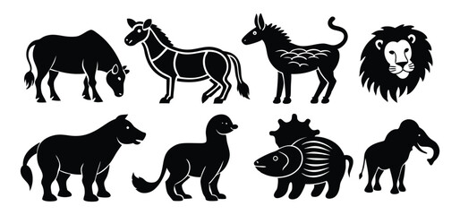 A collection of simplified black and white animal silhouettes representing wildlife and zoo creatures in vector illustration