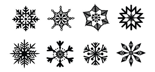 Artistic collection of various black and white detailed snowflake designs representing winter festive cheer and decoration
