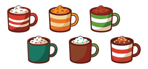 Adorable illustration of various decorated coffee and tea mugs in different colors and styles on white background