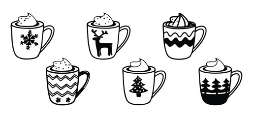 Black and white decorative illustrations of holiday themed coffee mugs adorned with whipped cream and festive christmas designs