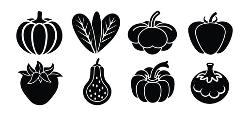 Black and white vector illustrations featuring various vegetables fruits and leaves for healthy eating concepts