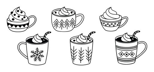 Charming black and white illustration showcasing an assortment of decorated mugs filled with hot beverages and whipped cream.