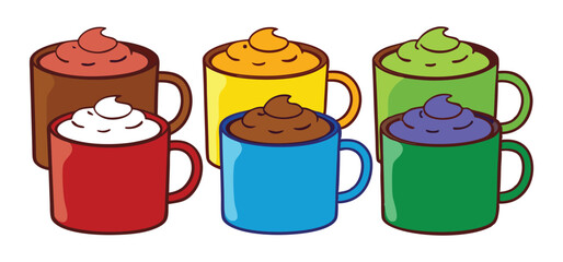 Cartoon illustrations of colorful mugs filled with delicious beverages and fluffy cream topping, a cheerful design element.