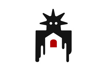 The logo is in the shape of a house with a creepy shadowy figure behind it.