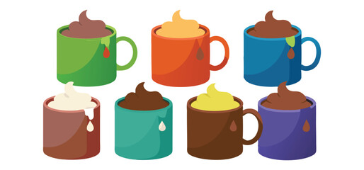 Colorful array of hot beverages displaying chocolate and cream topping in various mugs on white background