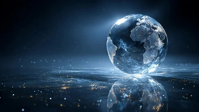 A glowing, translucent globe of Earth, set against a dark, starry background, with a reflective surface below