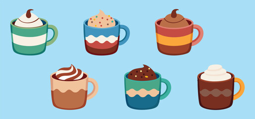 Cute colorful coffee mugs with various toppings like whipped cream sprinkles and chocolate on light blue background