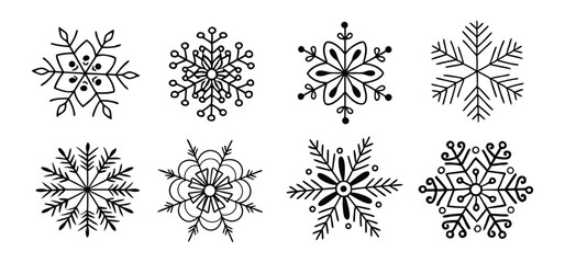 Eight unique and detailed black and white hand drawn snowflake illustrations perfect for festive winter holiday designs