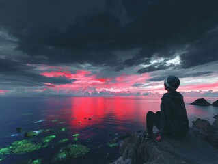 Obraz premium Person contemplating sunset over sea