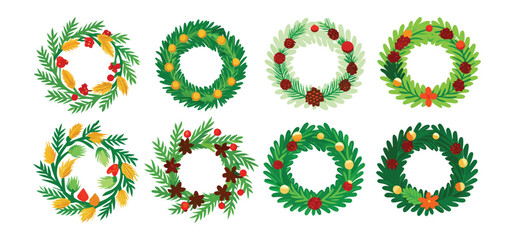 Festive collection of eight beautiful and decorative christmas wreath designs with various seasonal embellishments and ornaments.