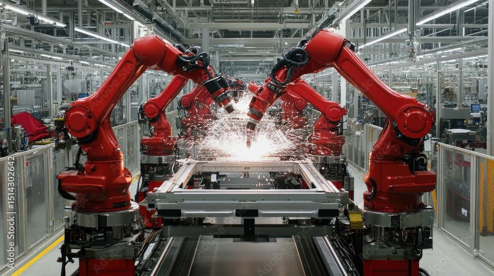 Poster multiple robotic welding systems creating sparks while fusing metal frames in a vehicle plant