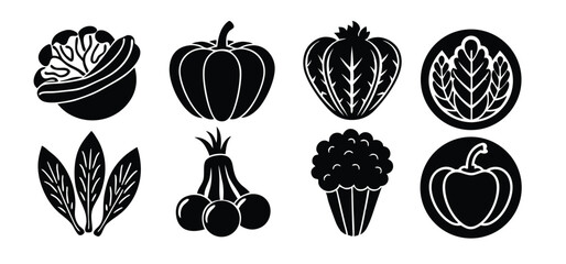 Monochrome vector illustration of assorted vegetables depicting pumpkins lettuces salad spinach and other food icons.
