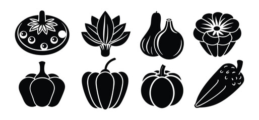 Monochrome vector illustrations of various fresh vegetables displayed with a simple and clean design on white