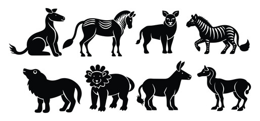 Silhouette collection of african animals in black and white designs for decorative illustrations or graphic use.