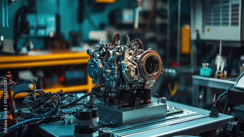 Poster precision automotive testing equipment measuring engine performance on a test bench