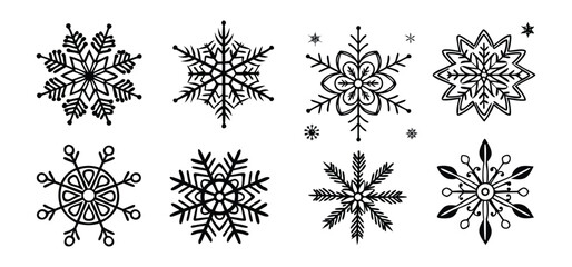 Vector illustration featuring an array of hand drawn snowflakes suitable for winter season and holiday design projects