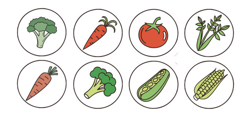 Vector illustration of various vegetables each contained within circular frames arranged in a pattern suitable for healthy eating concepts