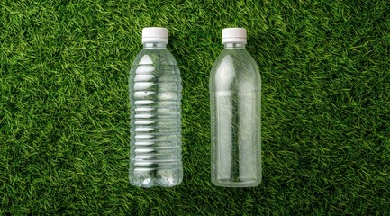 Two clear plastic water bottles with white caps rest on artificial turf. One bottle is ribbed, the other smooth