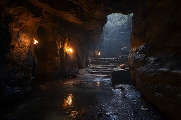 Mystic Underground Cave with Fire Torches