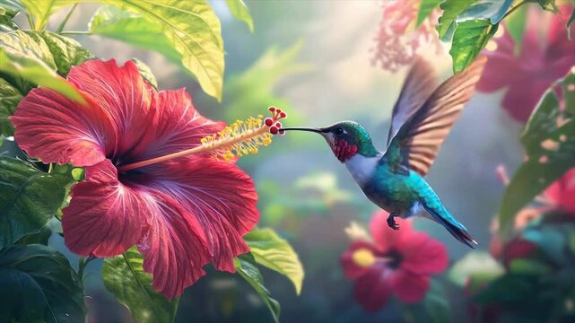 Vibrant hummingbird feeding on hibiscus flower in lush garden