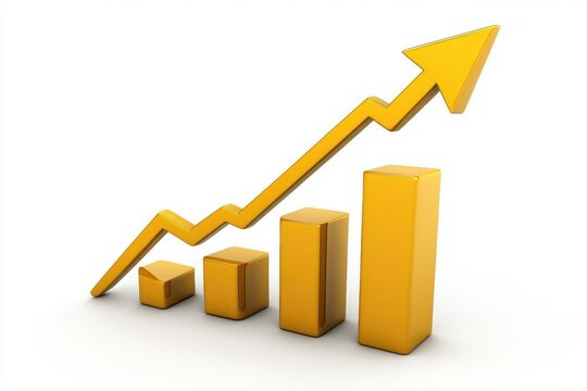 A yellow bar graph showing increasing values with an arrow pointing upwards on a white background - Powered by Adobe