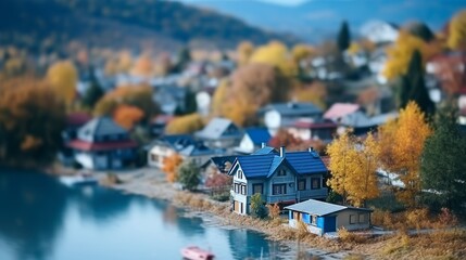 Minimalist close up of a house by a serene blue lake surrounded by majestic mountains