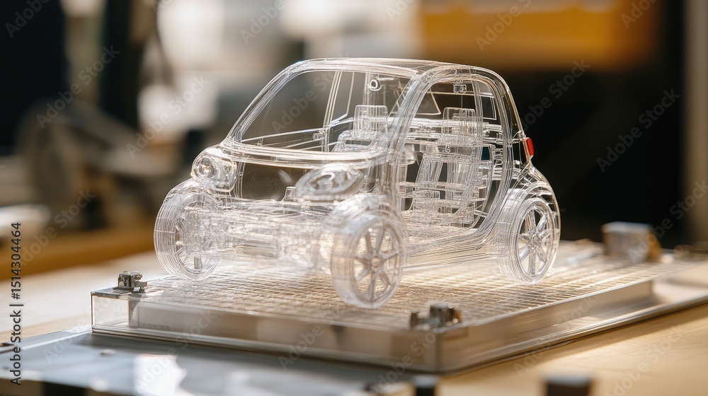 Poster transparent smart car models on line showing internal tech components during production