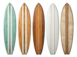 A collection of five surfboards with different wood finishes and stripe patterns on a white background