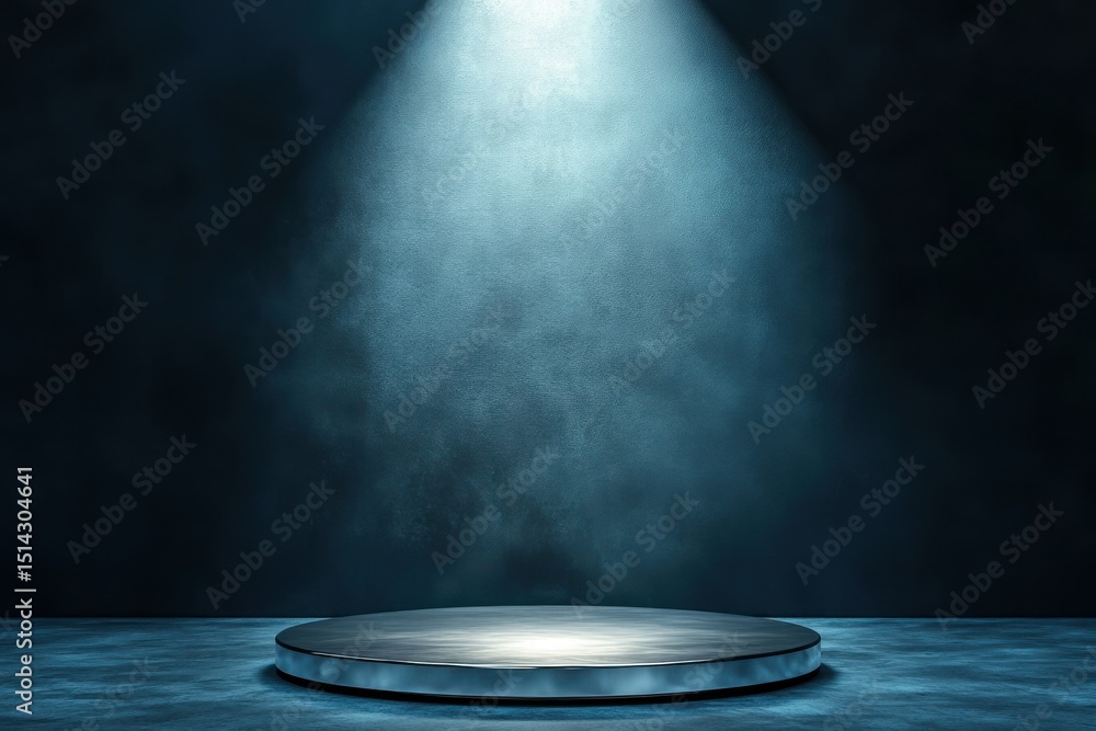 Poster illuminated stage with a spotlight shining down on a circular platform in a dark room setting