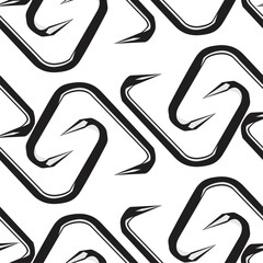The image is a seamless pattern of black and white stylized shapes resembling intertwined or interlocking hooks, possibly fishing hooks or abstract S-shapes with pointed ends