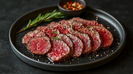 Sliced beef, seasoned, on dark plate