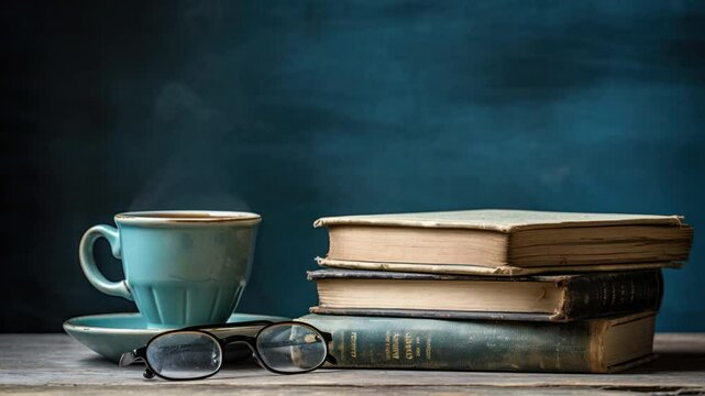 Quiet Moment of Literature: The evocative image features a stack of timeless literature with a warm, steaming cup of coffee, next to reading glasses inviting to a moment of thought and leisure.
