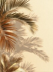 Warm-toned palm fronds cast elongated shadows on a pale beige wall, creating a minimalist, tropical aesthetic