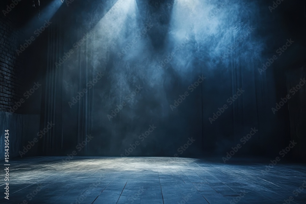 Poster a dark room with a tiled floor and smoke illuminated by spotlights from above creating a moody scene