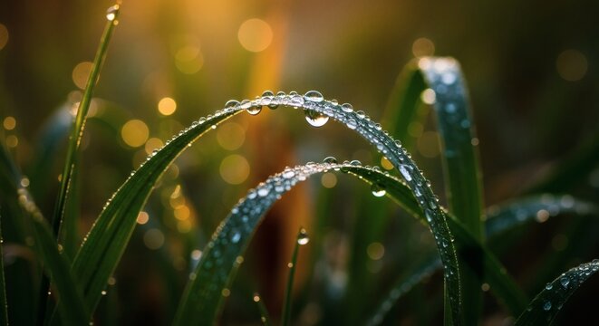 Close up of green grass blades covered with water droplets in soft focused background light setting