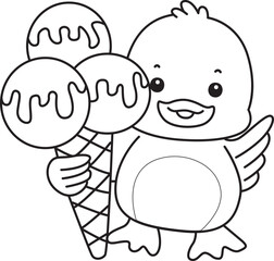 Lineart of Cute Duck icon. Outline of Funny baby Duck animal series stock illustration. life of fluffy Duck designs.