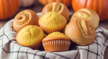 A close up of muffins and rolls in a basket with pumpkins in the background on a wooden table