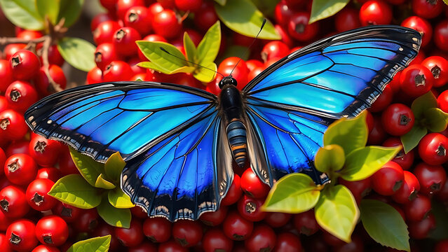 Stunning Blue Morpho butterfly displaying vibrant wings on red berries, ideal for nature beauty, vivid color concepts, print or transformation themes