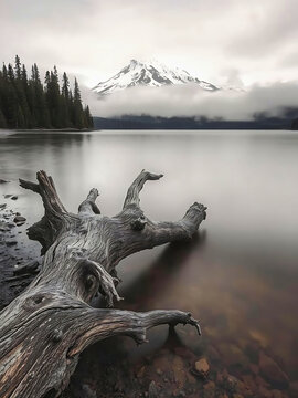 Serene long exposure: driftwood on misty alpine lake with snow-capped mountain, ideal for nature art, wilderness travel, print or tranquil backgrounds, 