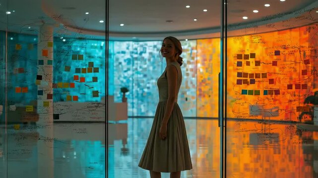 A woman holding notes, a colour wheel, and annotations is standing at the office's glass wall.