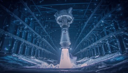 Rocket test in a dark hangar