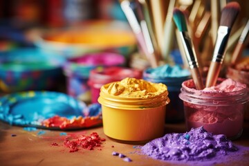 Brightly colored circular gouache palette with brush, showcasing minimalist artistic expression.